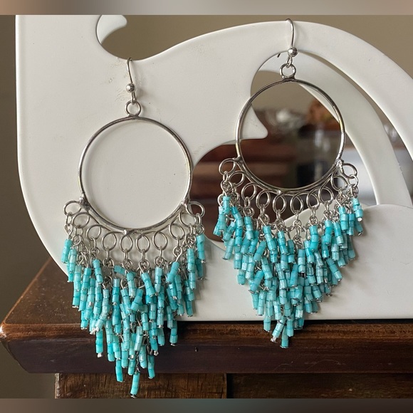 Turquoise gem stone beads. Chain link hoop earrings. - Picture 2 of 3